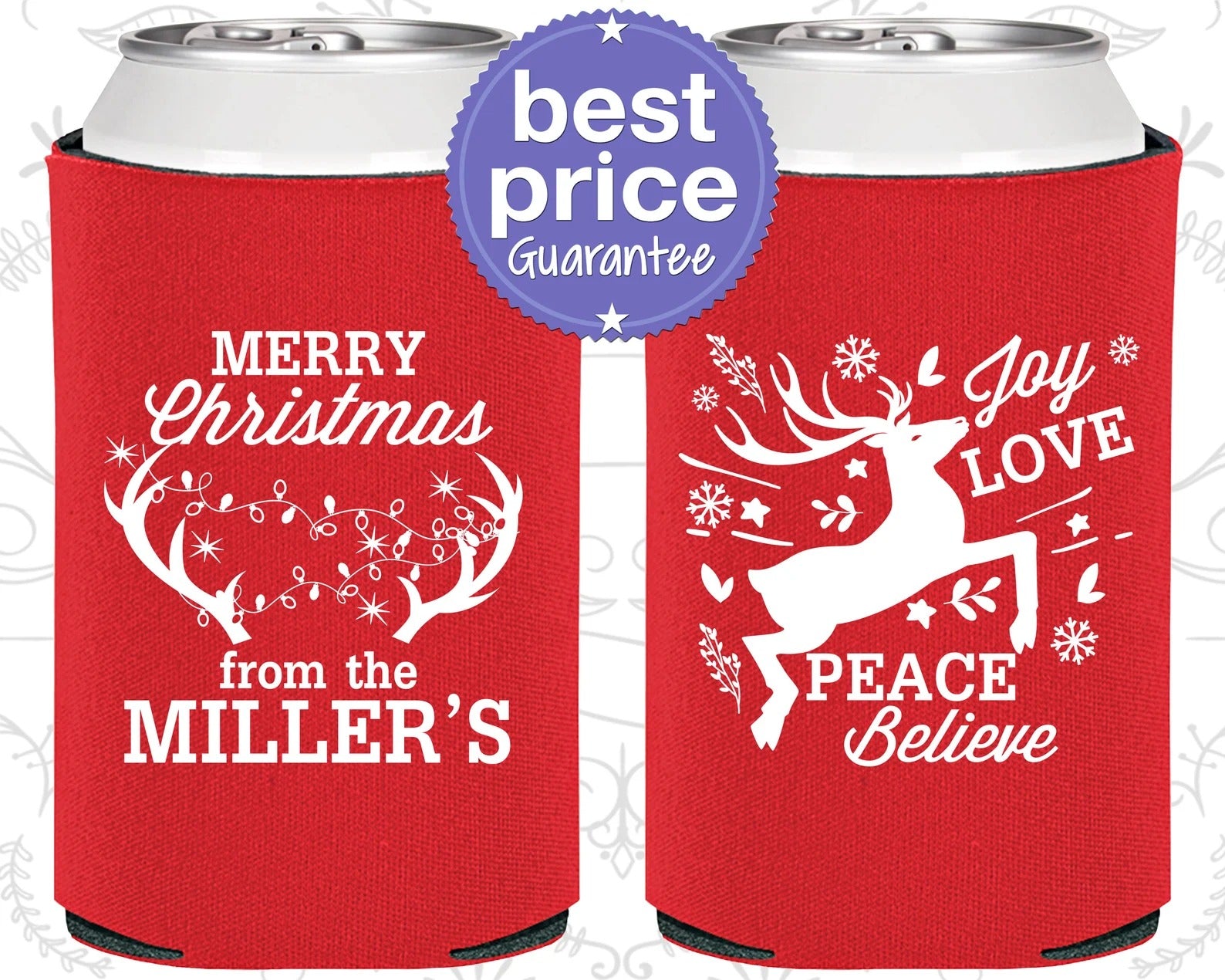 Custom Christmas Can Cooler - Joy Love Peace Believe