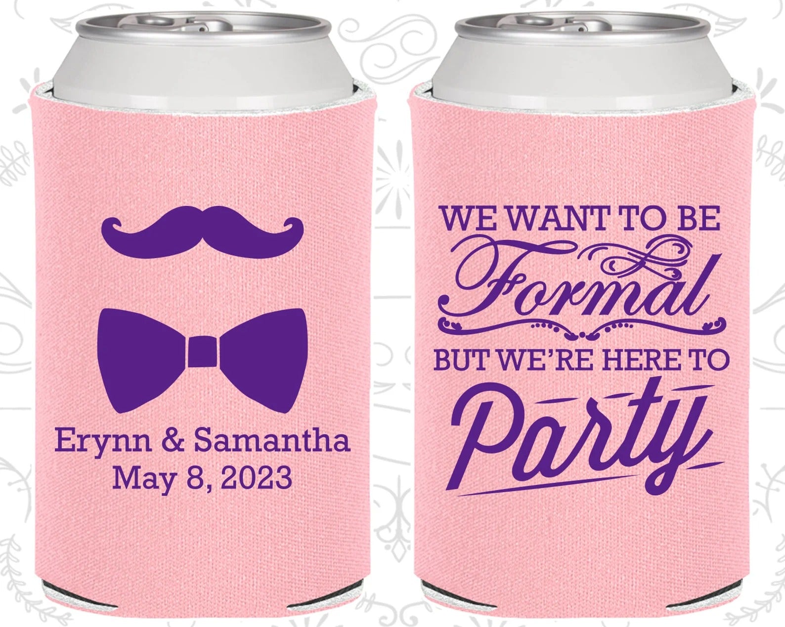 Custom Wedding Can Cooler - Mustache and Bow Tie