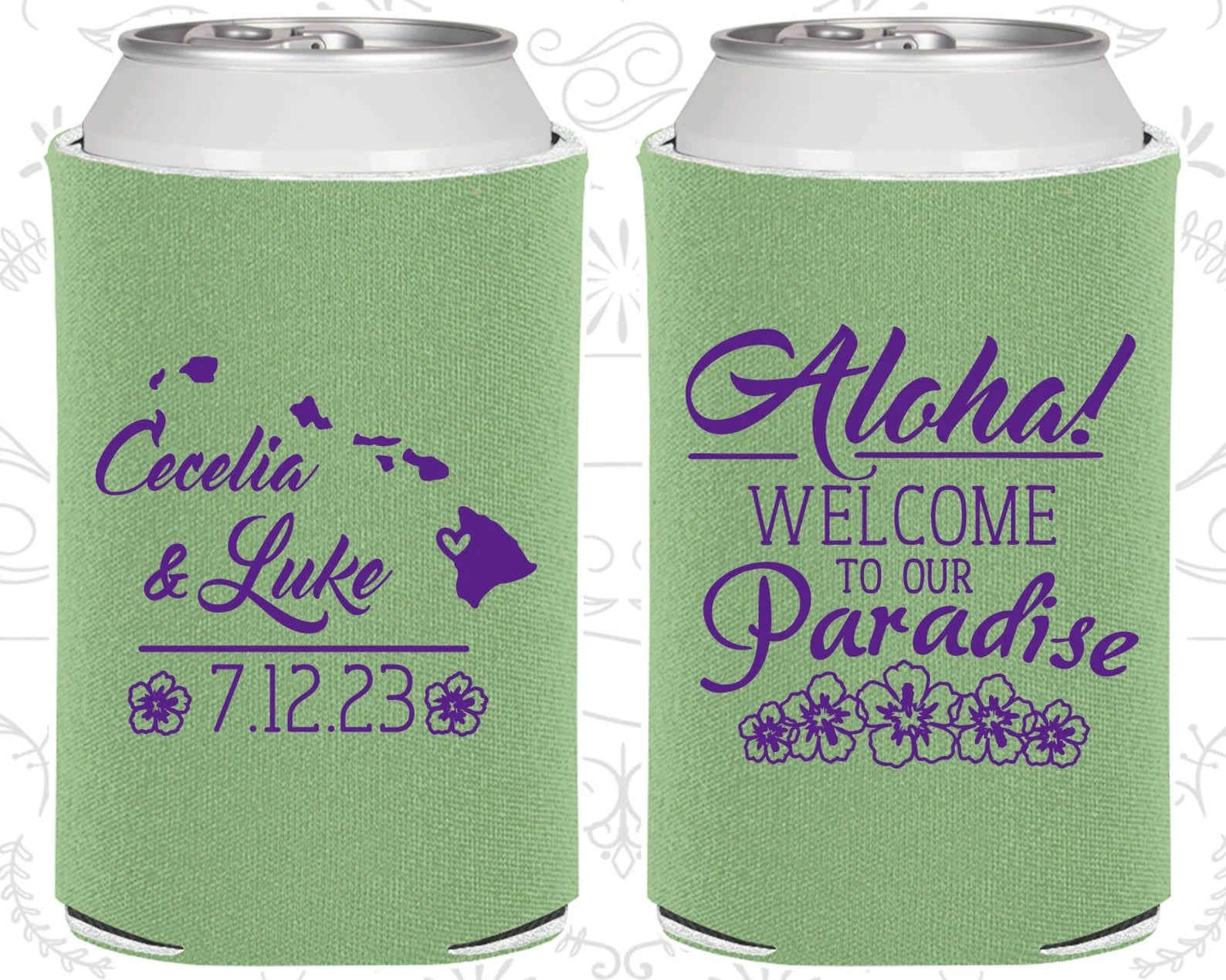 Custom Wedding Can Cooler - Aloha, Welcome to Our Paradise, Wedding Keepsake