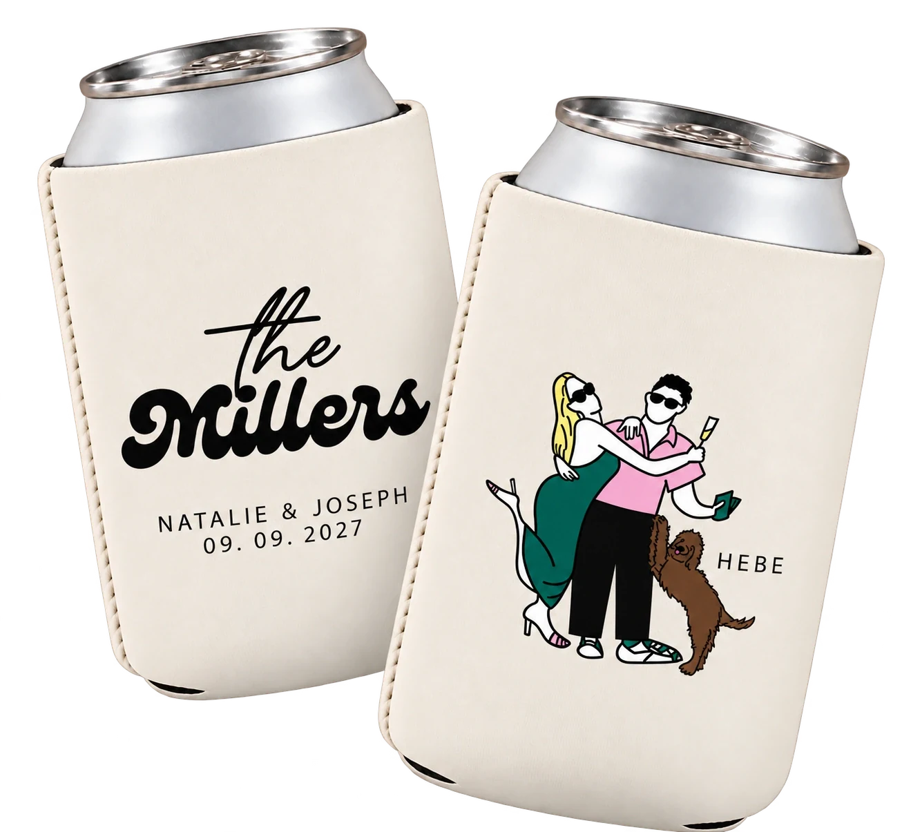 AI concept visualization of two personalized can coolers with soft studio lighting