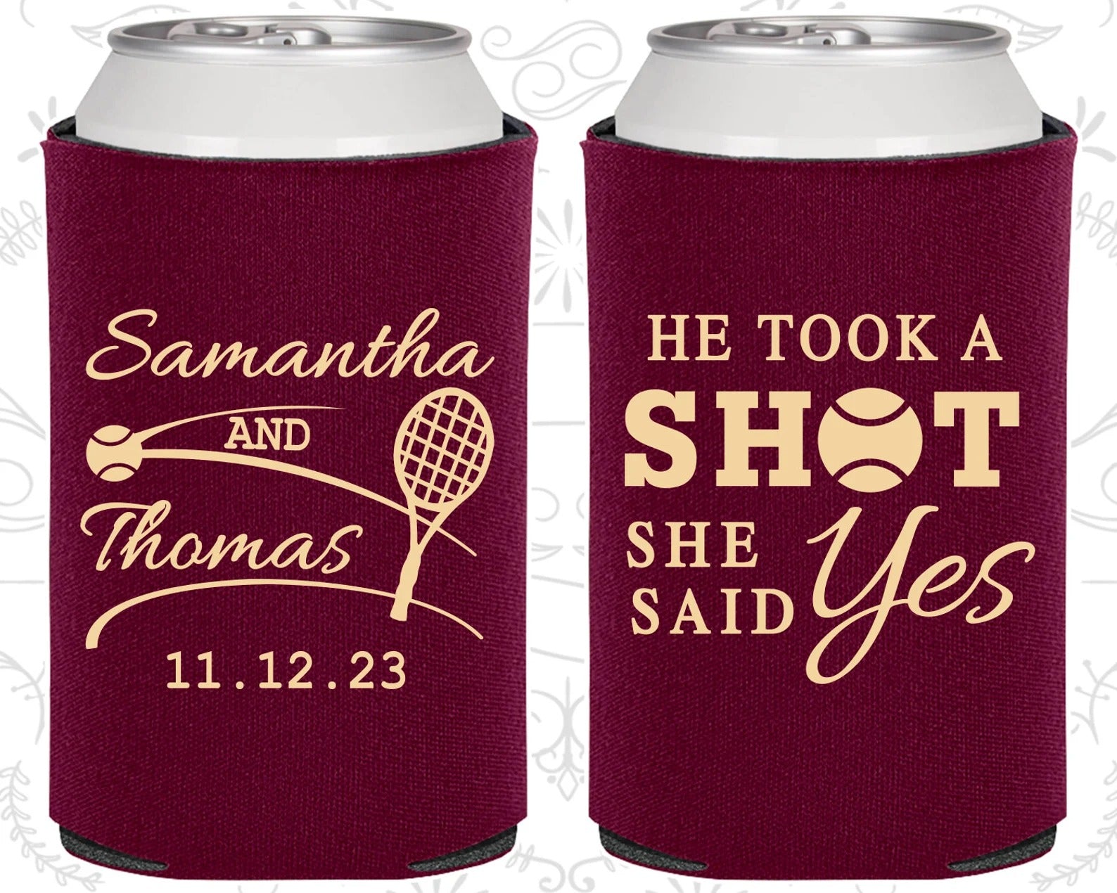 Custom Wedding Can Cooler - He Took a Shot, She Said Yes