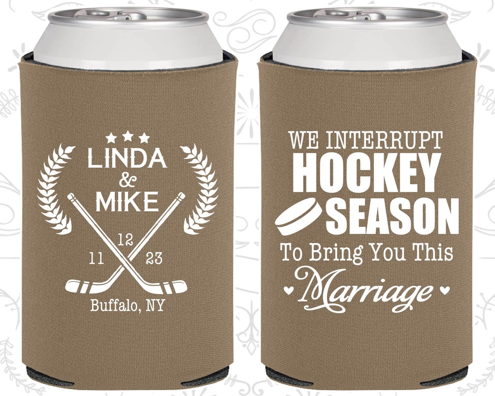 Custom Wedding Can Cooler - We interrupt Hockey Season to Bring you this Marriage