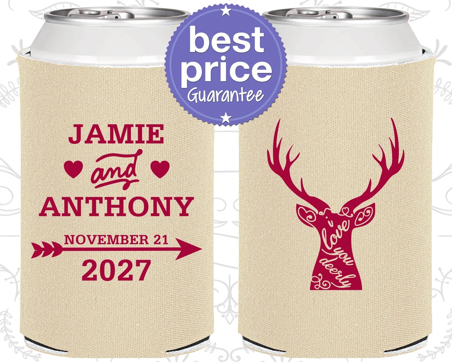 Custom Wedding Can Cooler - Fun Wedding Gifts, Deer Antler Wedding Favors,  I Love you Deerly