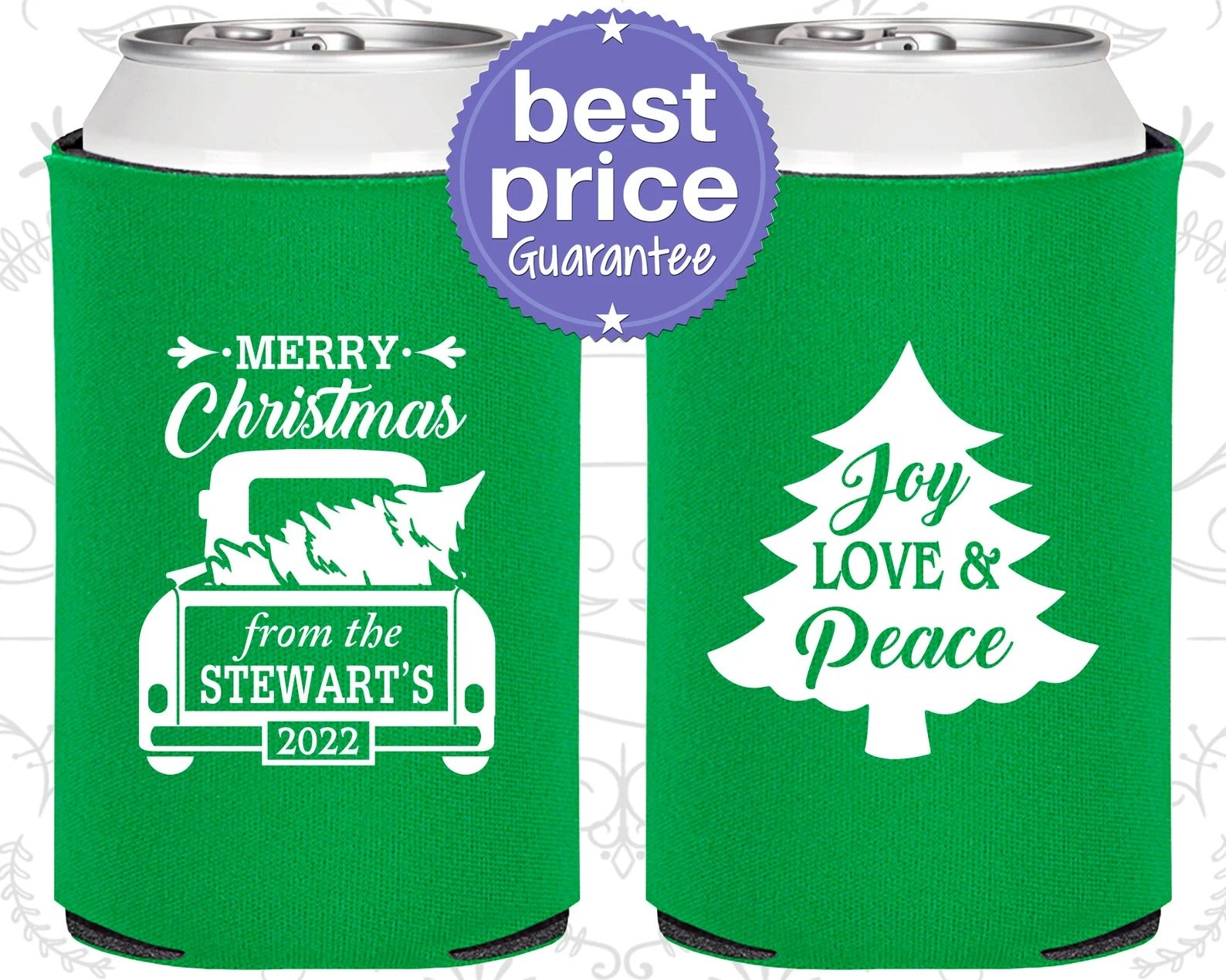 Custom Christmas Can Cooler - Farmhouse Christmas, Joy Love Peace