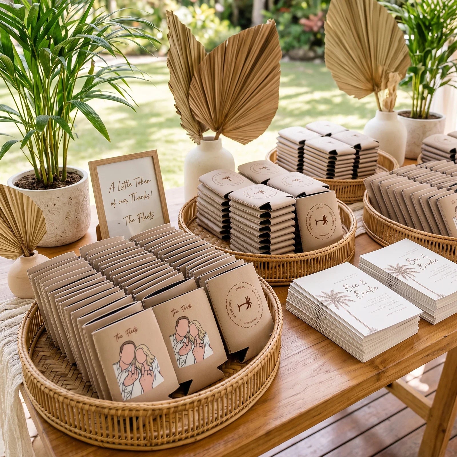 Personalised Fleets coolers arranged on a wedding favor table