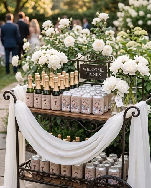 Personalized coolers arranged on a wedding welcome drinks cart