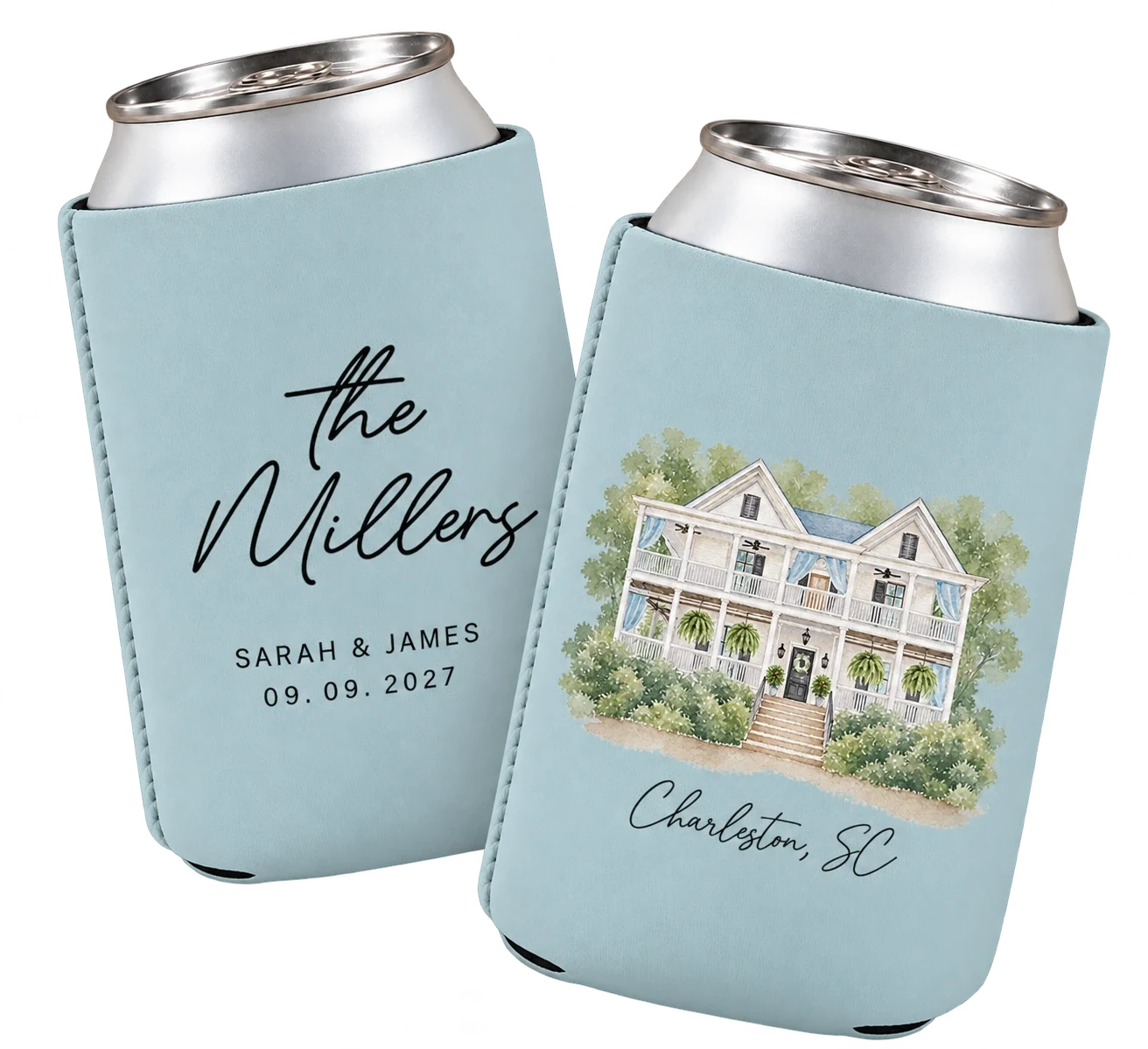 Watercolor venue concept on steel gray-blue can coolers